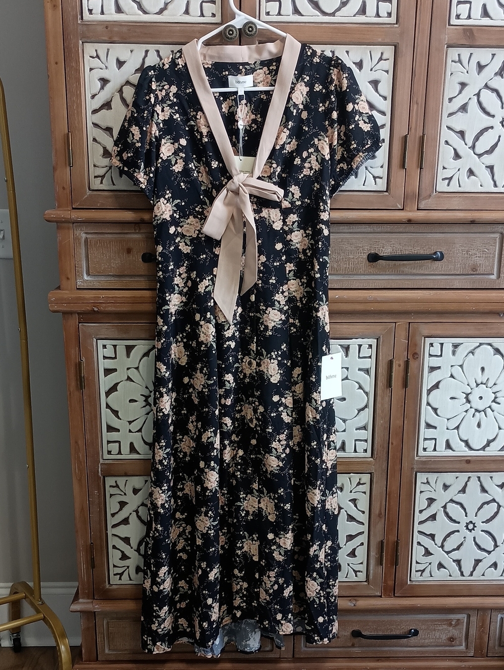 Bohme Floral Bow-Tie Midi Dress in Black and Blush